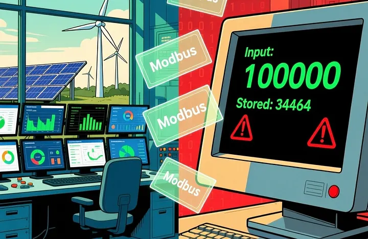 Industrial Modbus debugging setup with code analysis and protocol analyzer showing buffer overflow detection
